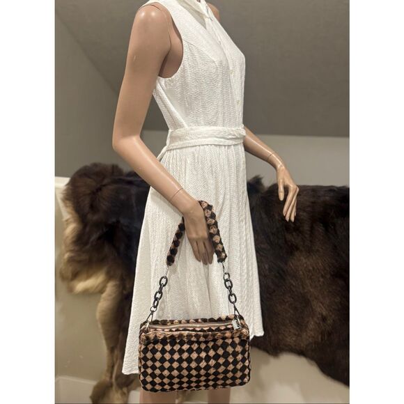 Checkerboard Real Shearling Leather Handmade Double Zip Boston Bag/Crossbody - Picture 11 of 14